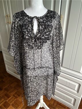 Sheer Black and White Leopard Print Bathing Suit Coverup